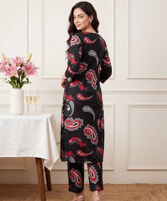 Black printed cotton kurta trouser set 3