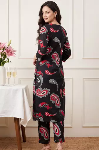 Black printed cotton kurta trouser set
