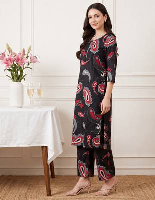 Black printed cotton kurta trouser set 4