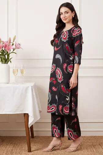 Black printed cotton kurta trouser set
