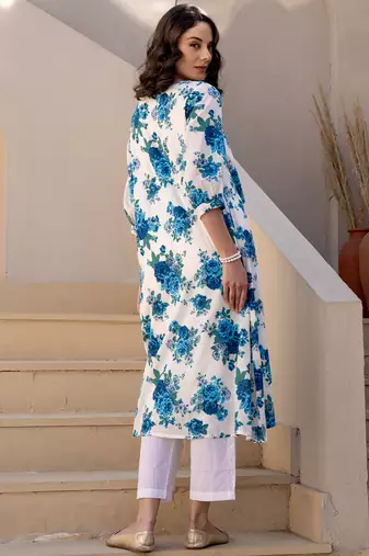 White printed cotton kurta trouser set
