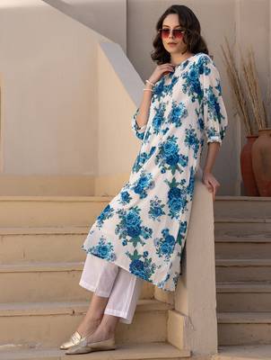 White printed cotton kurta trouser set 4