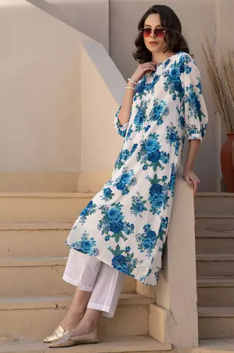 White printed cotton kurta trouser set