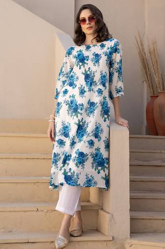 White printed cotton kurta trouser set
