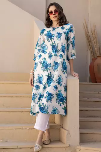 White printed cotton kurta trouser set