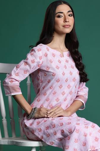 Pink printed cotton kurta trouser set