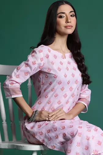 Pink printed cotton kurta trouser set