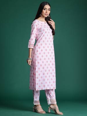 Pink printed cotton kurta trouser set 2