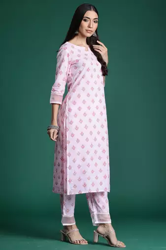 Pink printed cotton kurta trouser set