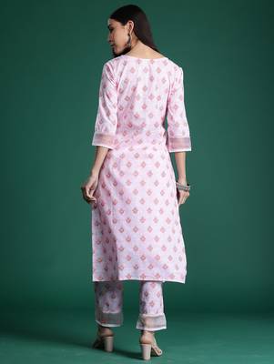 Pink printed cotton kurta trouser set 3