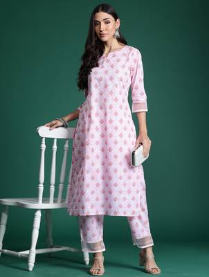 Pink printed cotton kurta trouser set 4