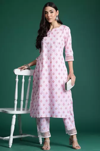 Pink printed cotton kurta trouser set