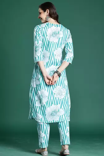 Blue printed cotton kurta trouser set
