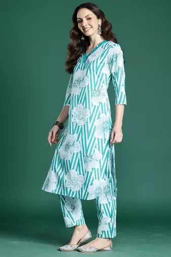 Blue printed cotton kurta trouser set