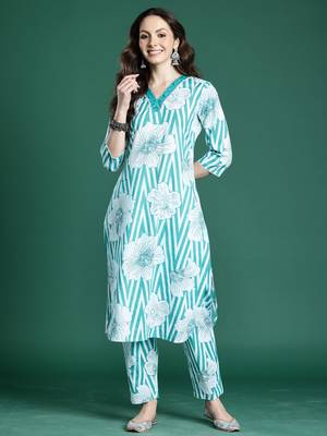 Blue printed cotton kurta trouser set 4