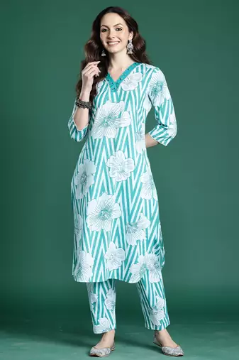 Blue printed cotton kurta trouser set