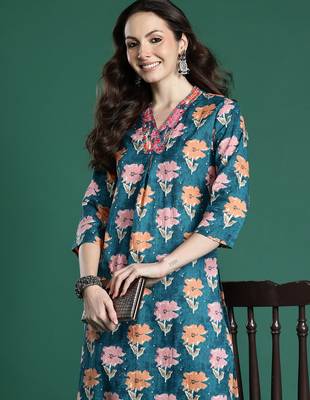 Blue printed cotton kurta trouser set 1
