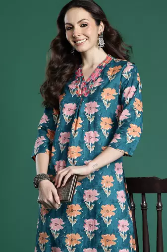 Blue printed cotton kurta trouser set