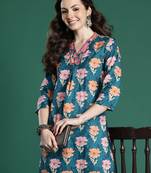 Blue printed cotton kurta trouser set