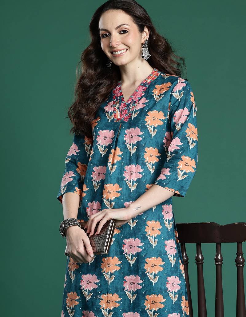 Blue printed cotton kurta trouser set