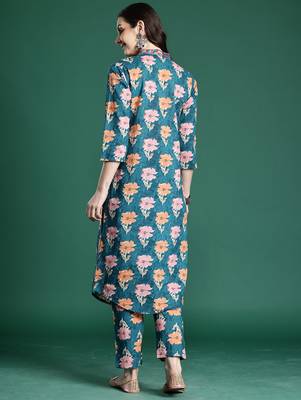 Blue printed cotton kurta trouser set 2