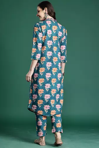 Blue printed cotton kurta trouser set