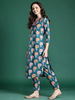 Blue printed cotton kurta trouser set 3