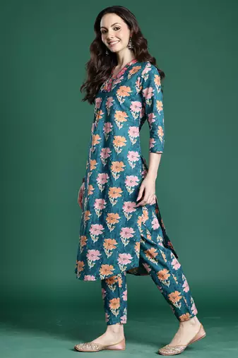 Blue printed cotton kurta trouser set