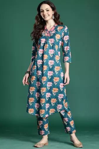 Blue printed cotton kurta trouser set