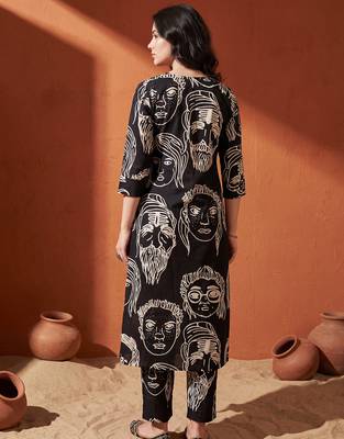 Black printed cotton kurta trouser set 2