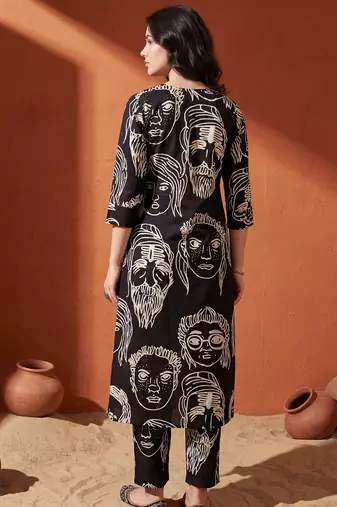 Black printed cotton kurta trouser set