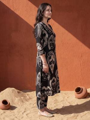 Black printed cotton kurta trouser set 3