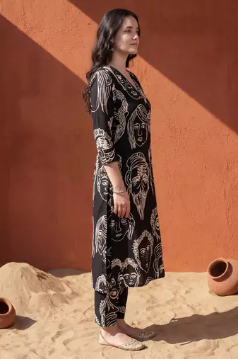 Black printed cotton kurta trouser set