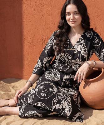 Black printed cotton kurta trouser set 4