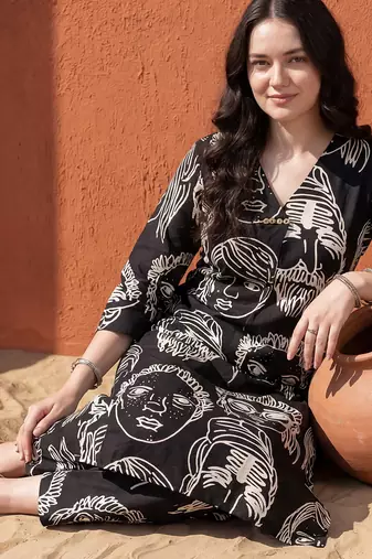 Black printed cotton kurta trouser set