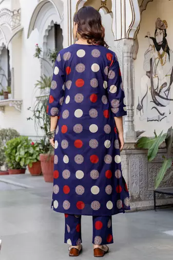 Blue printed cotton kurta trouser set