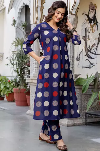 Blue printed cotton kurta trouser set