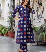 Blue printed cotton kurta trouser set