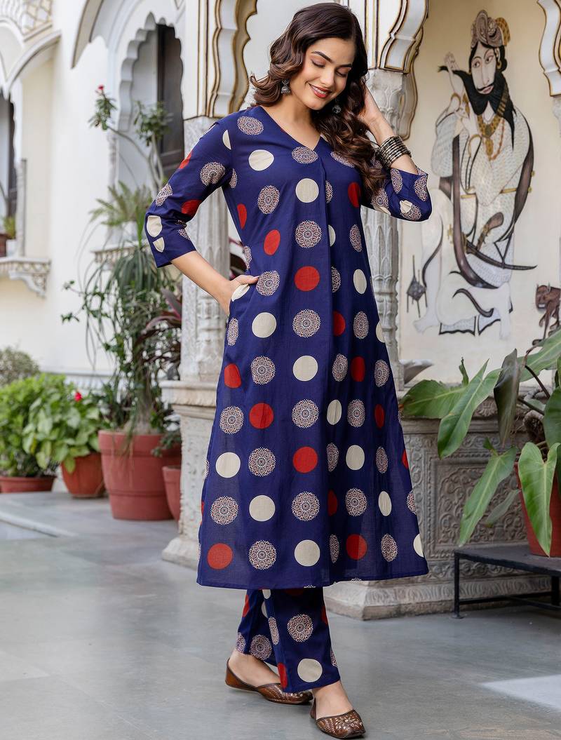 Blue printed cotton kurta trouser set