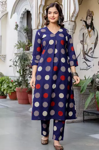 Blue printed cotton kurta trouser set
