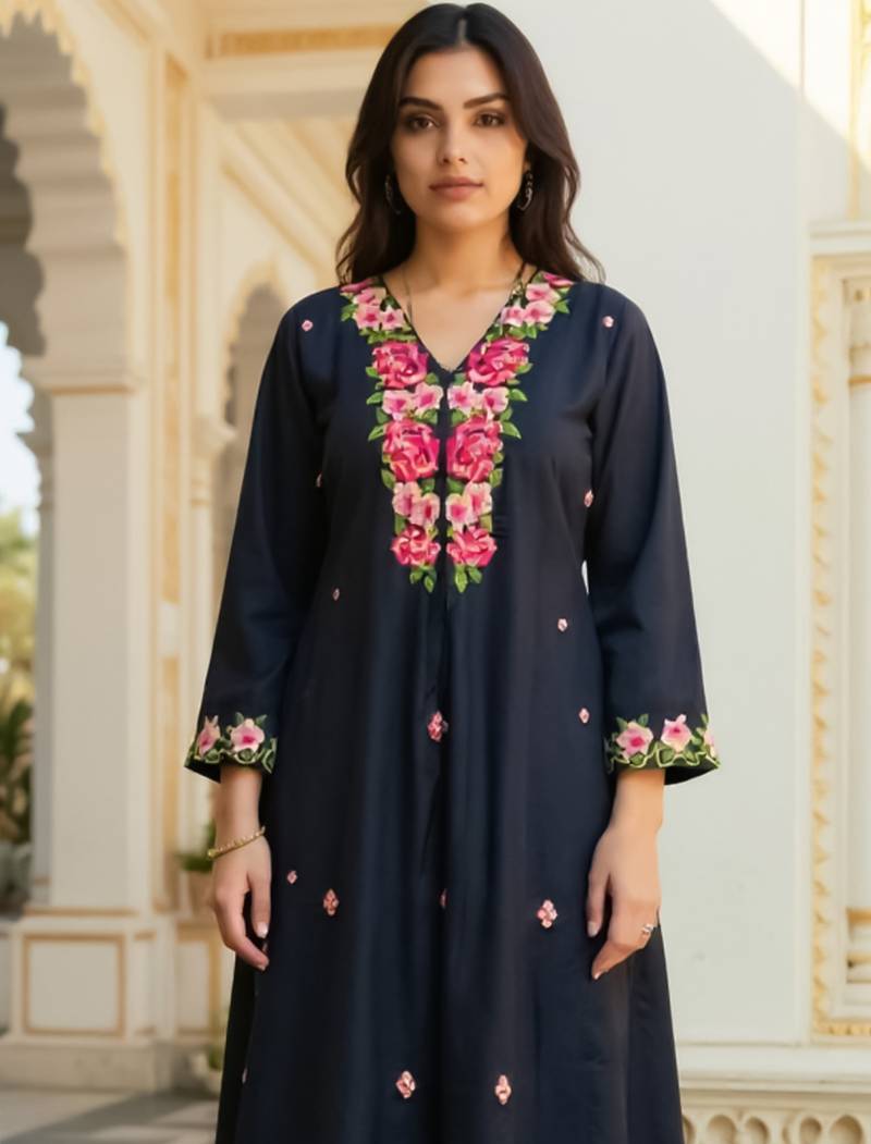 Black printed viscose rayon kurta trouser set