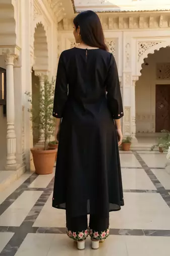 Black printed viscose rayon kurta trouser set