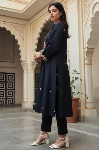 Black printed viscose rayon kurta trouser set