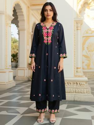 Black printed viscose rayon kurta trouser set 4
