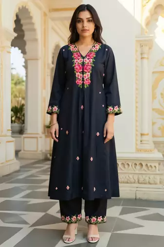 Black printed viscose rayon kurta trouser set