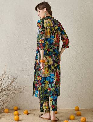 Multicolor printed cotton kurta trouser set 2