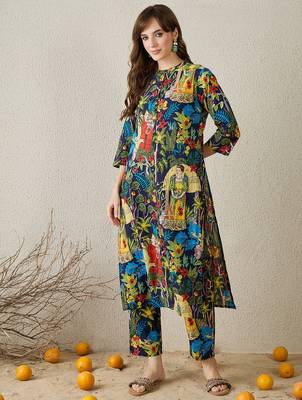 Multicolor printed cotton kurta trouser set 3