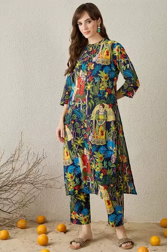 Multicolor printed cotton kurta trouser set