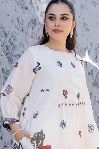 Off white printed cotton kurta trouser set