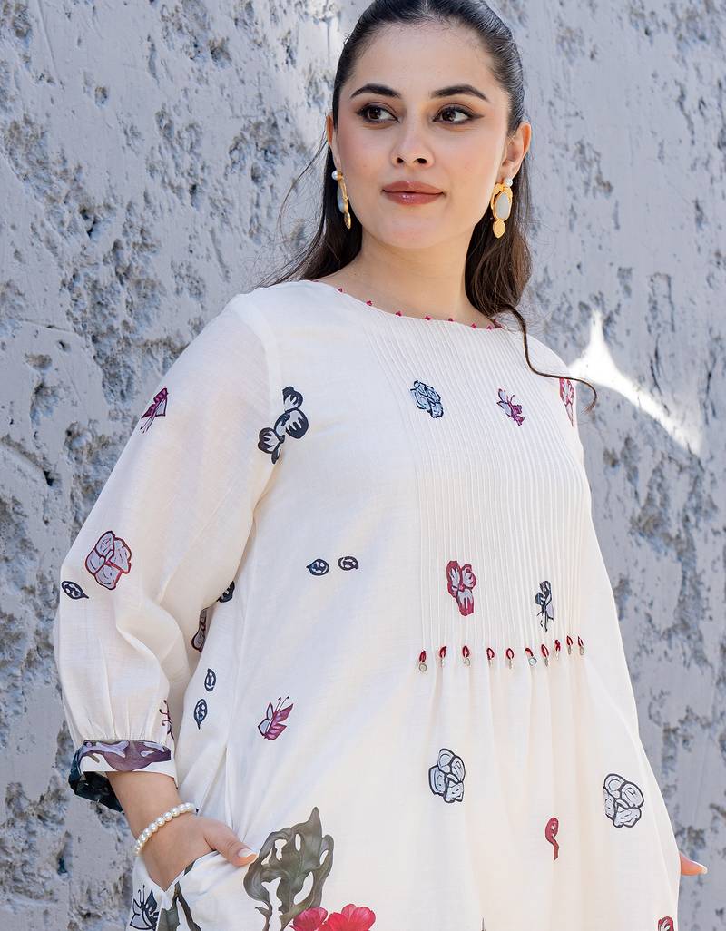 Off white printed cotton kurta trouser set
